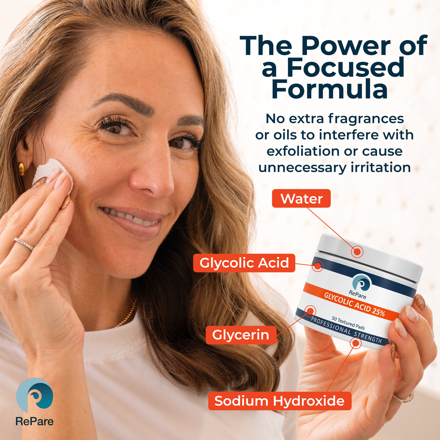 RePare -  25% Glycolic Acid Pads - Exfoliating, Resurfacing for Smoother Skin Tone & Texture, Chemical Peel - 50 pads