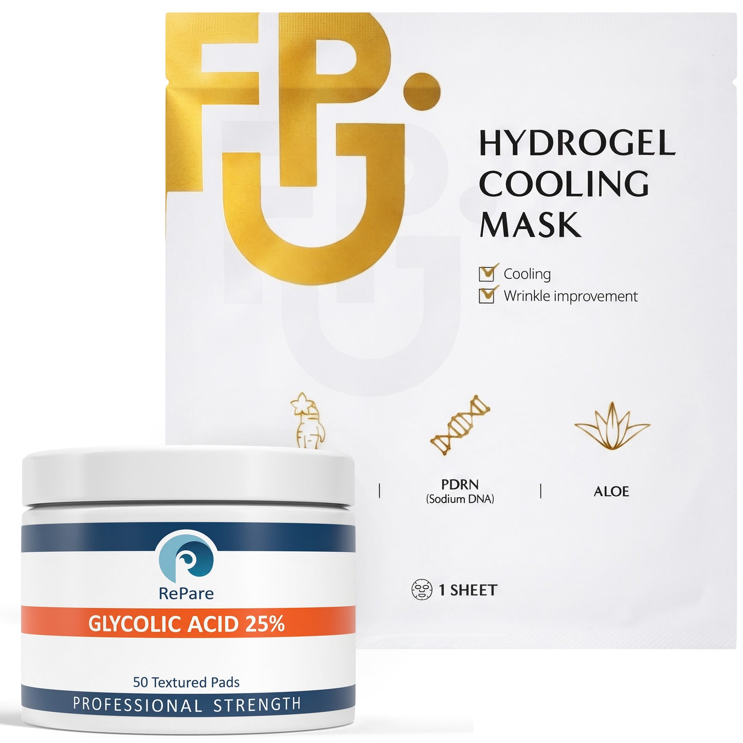 RePare - Glycolic Acid 25% Peel Pads & 1 Korean, Hydrogel Cooling Mask - Exfoliating, Resurfacing for Smoother Skin Tone & Texture, Chemical Peel - 50 pads